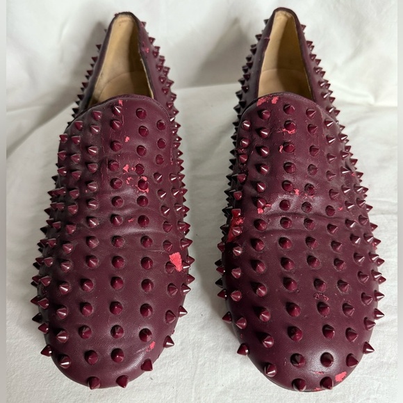 Men’s Christian Louboutin Burgundy Leather Spike Loafers 11 - Picture 2 of 10
